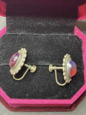 VINTAGE FRED HARVEY ERA STERLING SILVER DRAGONS BREATH GLASS CLAMP EARRINGS - Additional view 2