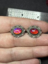 VINTAGE FRED HARVEY ERA STERLING SILVER DRAGONS BREATH GLASS CLAMP EARRINGS - Additional view 5