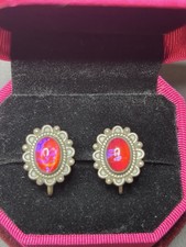 VINTAGE FRED HARVEY ERA STERLING SILVER DRAGONS BREATH GLASS CLAMP EARRINGS