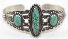 Vintage Fred Harvey Era Sterling Silver & Turquoise Cuff Bracelet Hand Stamped - Additional view 3