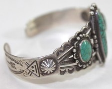 Vintage Fred Harvey Era Sterling Silver & Turquoise Cuff Bracelet Hand Stamped - Additional view 4