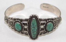 Vintage Fred Harvey Era Sterling Silver & Turquoise Cuff Bracelet Hand Stamped