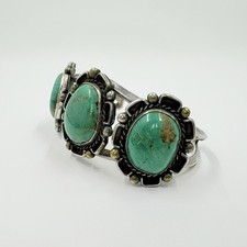 Fred Harvey Era Navajo Sterling Turquoise Flower Cuff Bracelet 51.2g - Additional view 4