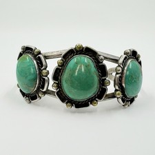 Fred Harvey Era Navajo Sterling Turquoise Flower Cuff Bracelet 51.2g