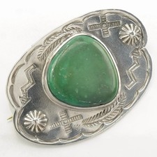 Native American Fred Harvey Era Green Turquoise Sterling Silver Brooch