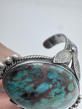 NATIVE AMERICAN NAVAJO VINTAGE CHRYSOCOLLA & STERLING FRED HARVEY STYLE CUFF 41G - Additional view 2