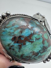 NATIVE AMERICAN NAVAJO VINTAGE CHRYSOCOLLA & STERLING FRED HARVEY STYLE CUFF 41G - Additional view 1