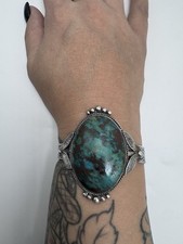 NATIVE AMERICAN NAVAJO VINTAGE CHRYSOCOLLA & STERLING FRED HARVEY STYLE CUFF 41G - Additional view 7