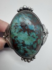 NATIVE AMERICAN NAVAJO VINTAGE CHRYSOCOLLA & STERLING FRED HARVEY STYLE CUFF 41G