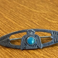 Fred Harvey Era Vintage Thunderbird Turquoise Sterling Silver Stamped Brooch T - Additional view 3