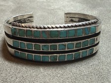 Fred Harvey Era Sterling Silver Turquoise Three Row Old Pawn Cuff Bracelet  - Additional view 1