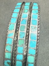 Fred Harvey Era Sterling Silver Turquoise Three Row Old Pawn Cuff Bracelet  - Additional view 2
