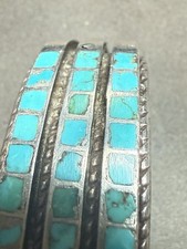 Fred Harvey Era Sterling Silver Turquoise Three Row Old Pawn Cuff Bracelet  - Additional view 3