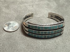 Fred Harvey Era Sterling Silver Turquoise Three Row Old Pawn Cuff Bracelet  - Additional view 4