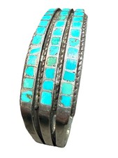 Fred Harvey Era Sterling Silver Turquoise Three Row Old Pawn Cuff Bracelet