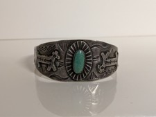 Vintage Sterling Silver Turquoise Fred Harvey Era Wolf Pattern Cuff Bracelet