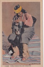 Native American Pueblo Indian Drilling Turquoise Fred Harvey Postcard E44