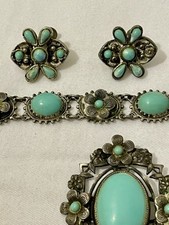 Fred Harvey Era 1940s Link Turquoise Bracelet, Brooch And Earrings. Nice Set! - Additional view 2