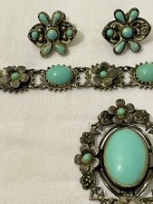 Fred Harvey Era 1940s Link Turquoise Bracelet, Brooch And Earrings. Nice Set! - Additional view 4