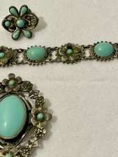 Fred Harvey Era 1940s Link Turquoise Bracelet, Brooch And Earrings. Nice Set! - Additional view 5