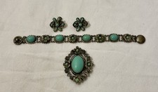 Fred Harvey Era 1940s Link Turquoise Bracelet, Brooch And Earrings. Nice Set!