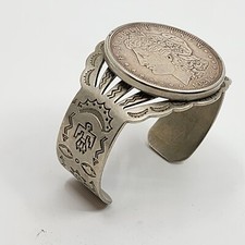 Fred Harvey Era Native American Nickel Silver Morgan Dollar Cuff Bracelet 6.25
