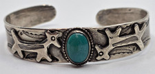 Early Fred Harvey Coin Silver Turquoise Navajo Cuff Bracelet Small SIze
