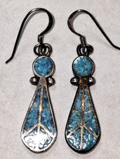 Vtg MCM Fred Harvey Era Zuni Native Turquoise Inlay Teardrop Sterling Earrings - Additional view 2