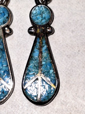 Vtg MCM Fred Harvey Era Zuni Native Turquoise Inlay Teardrop Sterling Earrings - Additional view 3