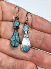 Vtg MCM Fred Harvey Era Zuni Native Turquoise Inlay Teardrop Sterling Earrings - Additional view 5