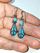 Vtg MCM Fred Harvey Era Zuni Native Turquoise Inlay Teardrop Sterling Earrings