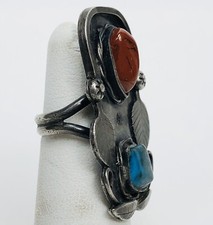 Fred Harvey Era Navajo Sterling Silver Turquoise Coral Feather Stamped Ring 4.25 - Additional view 2