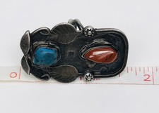 Fred Harvey Era Navajo Sterling Silver Turquoise Coral Feather Stamped Ring 4.25 - Additional view 10