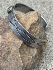 Vintage Old Pawn Coin Silver & Turquoise Bench Stamped Cuff Bracelet Fred Harvey - Additional view 1