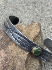 Vintage Old Pawn Coin Silver & Turquoise Bench Stamped Cuff Bracelet Fred Harvey - Additional view 3