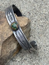 Vintage Old Pawn Coin Silver & Turquoise Bench Stamped Cuff Bracelet Fred Harvey - Additional view 6