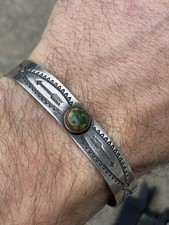 Vintage Old Pawn Coin Silver & Turquoise Bench Stamped Cuff Bracelet Fred Harvey - Additional view 8