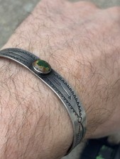 Vintage Old Pawn Coin Silver & Turquoise Bench Stamped Cuff Bracelet Fred Harvey - Additional view 9