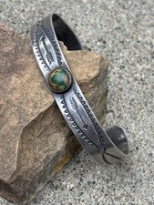 Vintage Old Pawn Coin Silver & Turquoise Bench Stamped Cuff Bracelet Fred Harvey