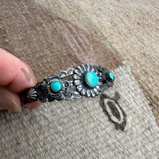 VTG Fred Harvey Era Navajo Double Thunderbird Turquoise Cuff Sterling Bracelet - Additional view 8