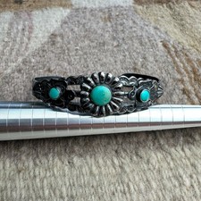 VTG Fred Harvey Era Navajo Double Thunderbird Turquoise Cuff Sterling Bracelet