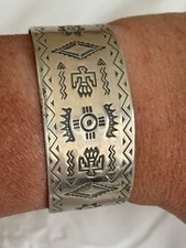 Vintage Navajo Fred Harvey Era, Bell Trading Nickel Silver Hand Stamped Cuff