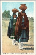 SANTA CLARA, NM Postcard "Girls Returning from Village Well" Fred Harvey Linen