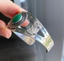 Vintage Navajo Fred Harvey Turquoise Snake Thunderbird Sterling Silver Bracelet - Additional view 1