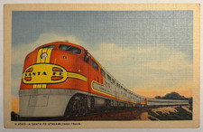 c.1940s Fred Harvey Santa Fe Streamlined Diesel Train Linen Postcard