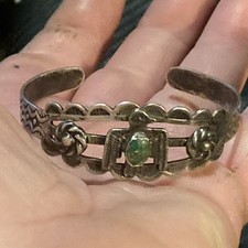 Vintage 1930’s Fred Harvey Era Green Turquoise Coin Silver T-Bird Cuff  Bracelet - Additional view 15