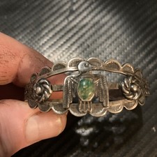 Vintage 1930’s Fred Harvey Era Green Turquoise Coin Silver T-Bird Cuff  Bracelet - Additional view 3