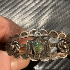 Vintage 1930’s Fred Harvey Era Green Turquoise Coin Silver T-Bird Cuff  Bracelet - Additional view 4