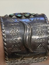 Southwest Sterling Fred Harvey Turquoise Cuff Bracelet Nice Stamp Work 48 Grams - Additional view 11
