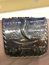 Southwest Sterling Fred Harvey Turquoise Cuff Bracelet Nice Stamp Work 48 Grams - Additional view 3